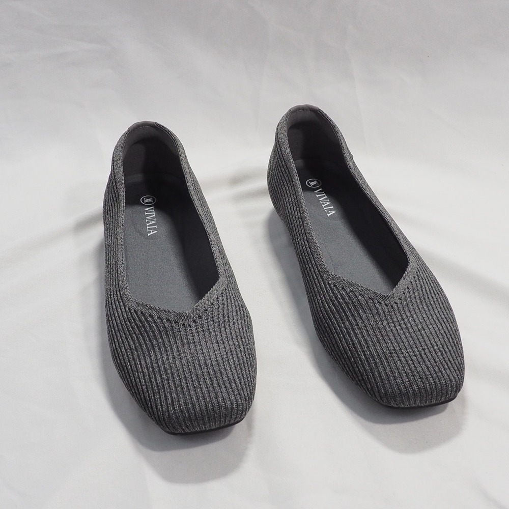 Vivaia Margot Women 37.5 Grey Flats Square Toe Ribbed Knit Sustainable Washable